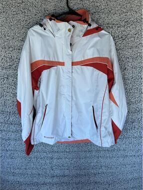 Columbia White w/Orange Coral Waterproof Breathable Jacket w/ hidden hood Size L